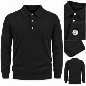 Iceman Long Sleeve Polo Pullover Sweater - Black - 100% Marino Wool